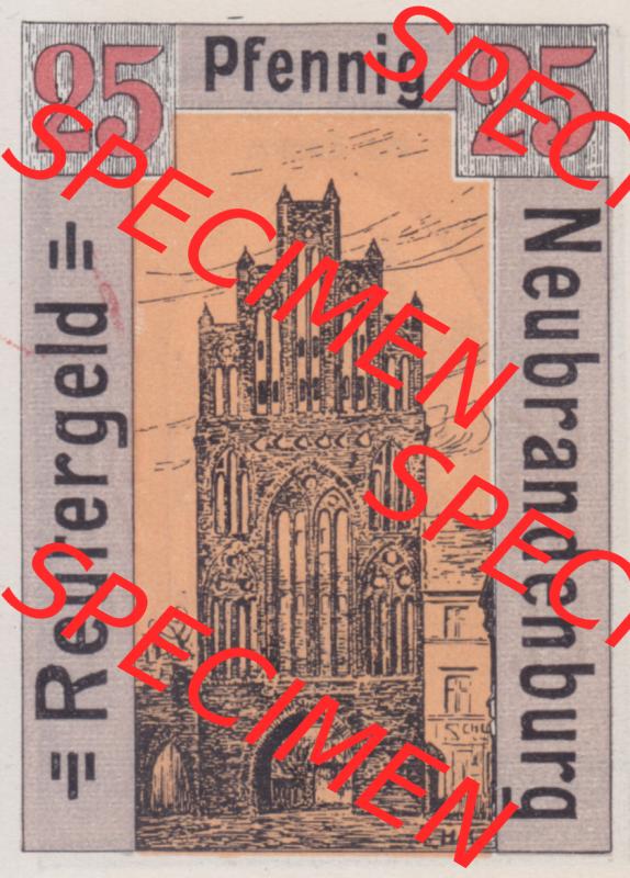 Deutsches Reich Reutergeld Neubrandenburg 25 Pfennig, das Digitale Bild mit der Vorderseite vom hier gezeigten Reutergeld-Notgeld aus Stadt Neubrandenburg steht im online Katalog zum katalogisieren... Sammlung