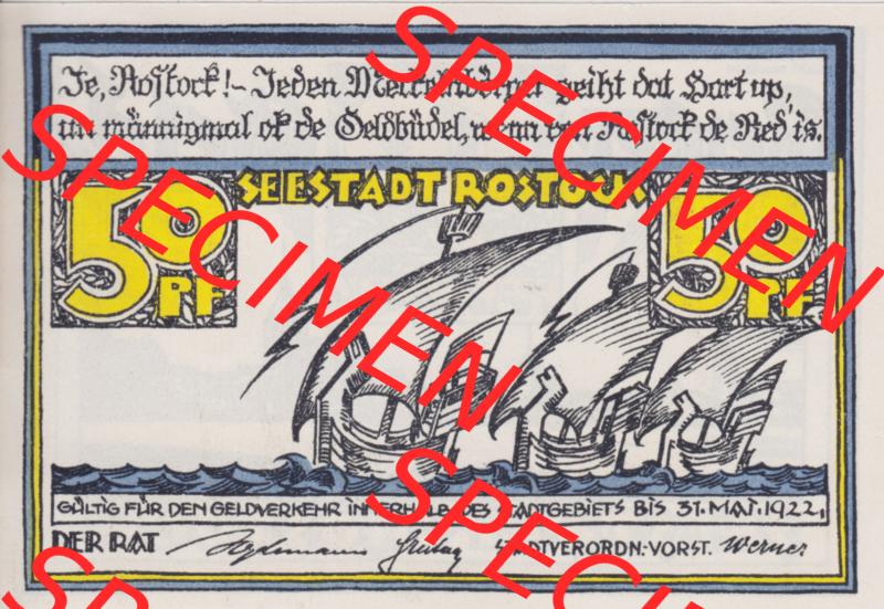 Deutsches Reich Reutergeld Rostock 50 Pfennig, das Digitale Bild mit der Vorderseite vom hier gezeigten Reutergeld-Notgeld aus Seestadt Rostock steht im online Katalog zum katalogisieren und kategorisieren... Sammlung