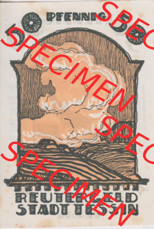 Deutsches Reich Reutergeld Tessin 50 Pfennig, das Digitale Bild mit der Vorderseite vom hier gezeigten Reutergeld-Notgeld aus Stadt Tessin steht im online Katalog zum katalogisieren und kategorisieren... Sammlung