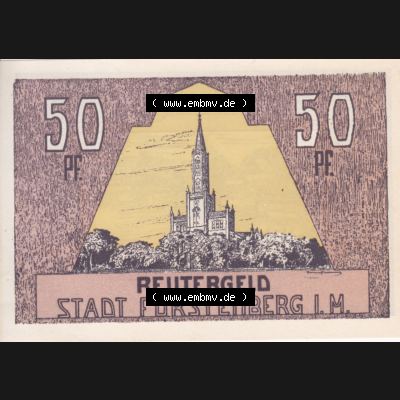 Deutsches Reich Reutergeld Fürstenberg 50 Pfennig, das Digitale Bild mit der Vorderseite vom hier gezeigten Reutergeld-Notgeld aus Fürstenberg steht im online Katalog zum katalogisieren... Sammlung