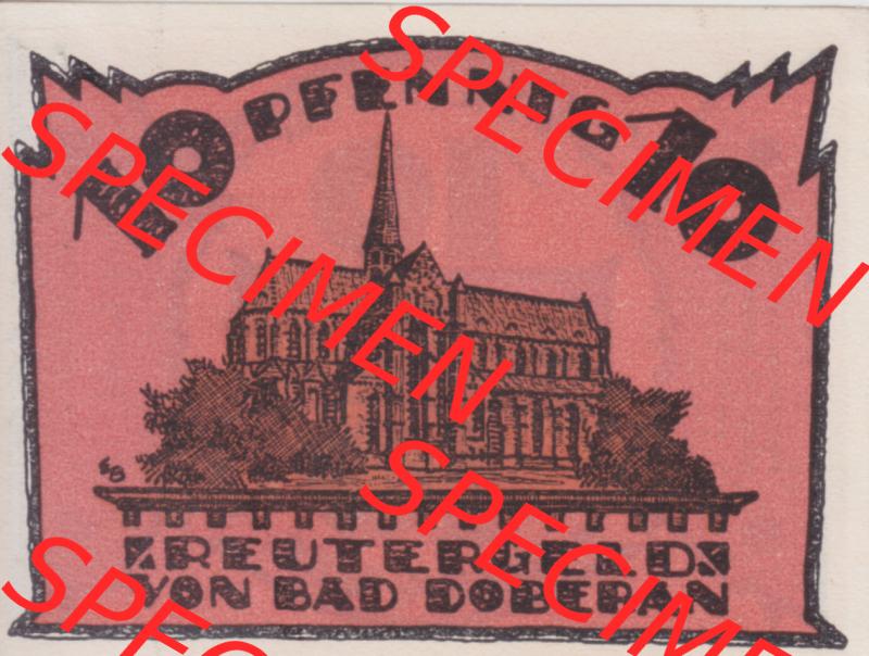 Deutsches Reich Reutergeld Bad Doberan 10 Pfennig, das Digitale Bild mit der Vorderseite vom hier gezeigten Reutergeld-Notgeld steht im online Katalog zum katalogisieren und kategorisieren der eigenen... Sammlung