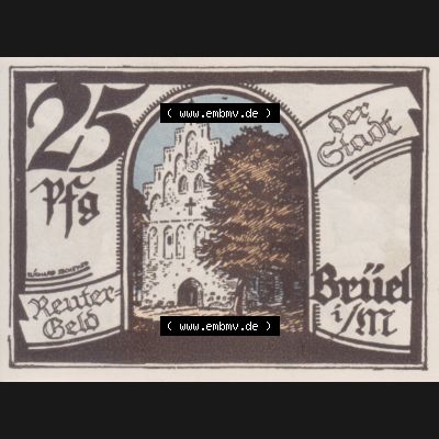 Deutsches Reich Reutergeld Brüel 25 Pfennig, das Digitale Bild mit der Vorderseite vom hier gezeigten Reutergeld-Notgeld steht im online Katalog zum katalogisieren und kategorisieren der eigenen... Sammlung