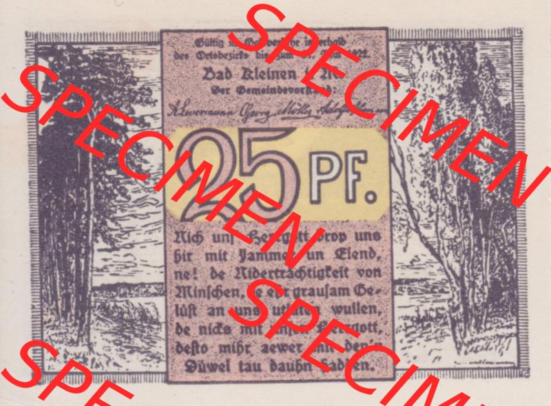 Deutsches Reich Bad Kleinen 25 Pfennig, das Digitale Bild mit der Vorderseite vom hier gezeigten Reutergeld-Notgeld aus Bad Kleinen steht im online Katalog zum katalogisieren und kategorisieren der... Sammlung