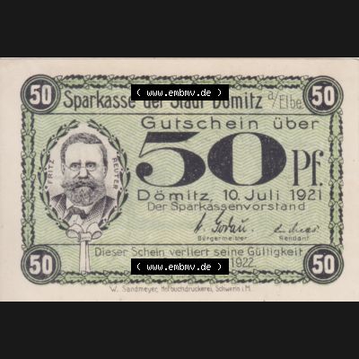 Deutsches Reich Reutergeld Dömitz Fritz Reuter 50 Pfennig, das Digitale Bild mit der Vorderseite vom hier gezeigten Reutergeld-Notgeld aus Dömitz steht im online Katalog zum katalogisieren... Sammlung