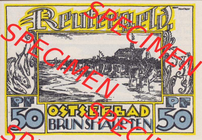 Deutsches Reich Reutergeld Brunshaupten 50 Pfennig, das Digitale Bild mit der Vorderseite vom hier gezeigten Reutergeld-Notgeld steht im online Katalog zum katalogisieren und kategorisieren der eigenen... Sammlung