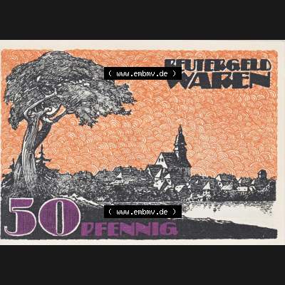 Deutsches Reich Reutergeld Waren 50 Pfennig, das Digitale Bild mit der Vorderseite vom hier gezeigten Reutergeld-Notgeld aus Waren steht im online Katalog zum katalogisieren und kategorisieren der... Sammlung