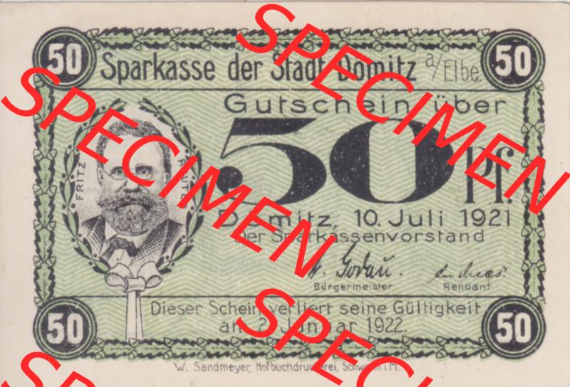 Deutsches Reich Reutergeld Dömitz Fritz Reuter 50 Pfennig, das Digitale Bild mit der Vorderseite vom hier gezeigten Reutergeld-Notgeld aus Dömitz steht im online Katalog zum katalogisieren... Sammlung