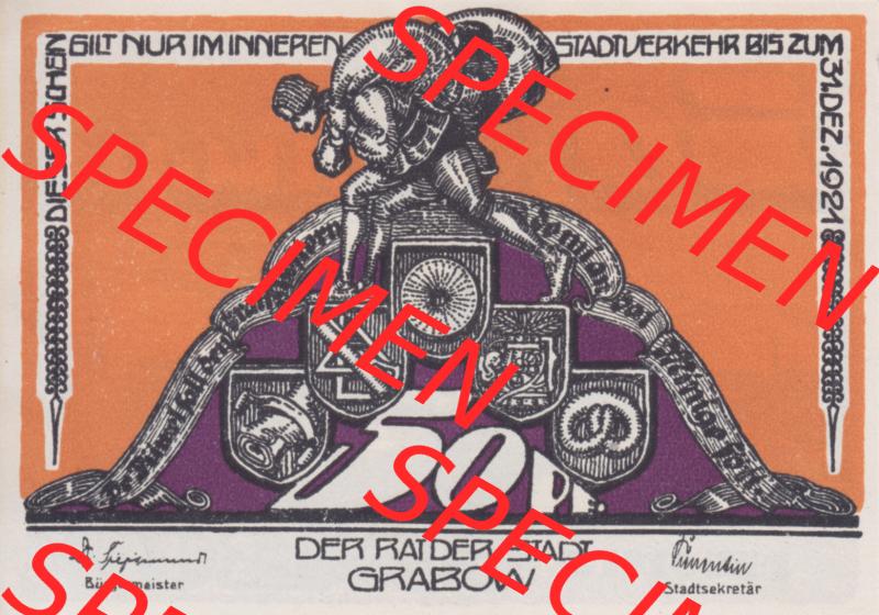 Deutsches Reich Reutergeld Grabow 50 Pfennig, das Digitale Bild mit der Vorderseite vom hier gezeigten Reutergeld-Notgeld aus Grabow steht im online Katalog zum katalogisieren und kategorisieren... Sammlung