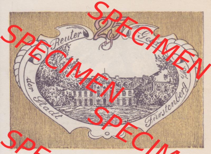 Deutsches Reich Reutergeld Fürstenberg 25 Pfennig, das Digitale Bild mit der Vorderseite vom hier gezeigten Reutergeld-Notgeld aus Fürstenberg steht im online Katalog zum katalogisieren... Sammlung