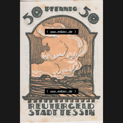 Deutsches Reich Reutergeld Tessin 50 Pfennig, das Digitale Bild mit der Vorderseite vom hier gezeigten Reutergeld-Notgeld aus Stadt Tessin steht im online Katalog zum katalogisieren und kategorisieren... Sammlung