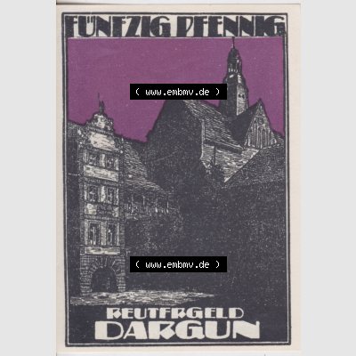Deutsches Reich Reutergeld Dargun 50 Pfennig, das Digitale Bild mit der Vorderseite vom hier gezeigten Reutergeld-Notgeld steht im online Katalog zum katalogisieren und kategorisieren der eigenen... Sammlung