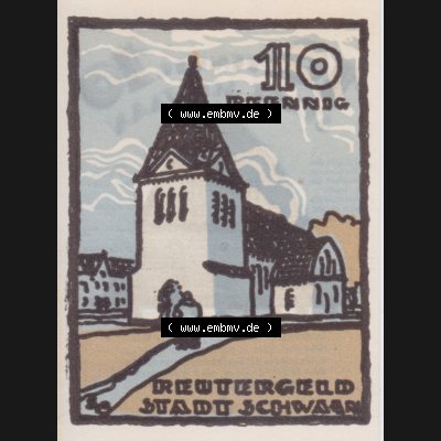 Deutsches Reich Reutergeld Schwaan 10 Pfennig, das Digitale Bild mit der Vorderseite vom hier gezeigten Reutergeld-Notgeld aus Stadt Schwaan steht im online Katalog zum katalogisieren und kategorisieren... Sammlung
