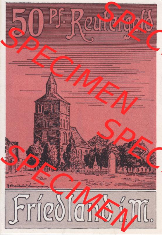 Deutsches Reich Reutergeld Friedland 50 Pfennig, das Digitale Bild mit der Vorderseite vom hier gezeigten Reutergeld-Notgeld aus Friedland steht im online Katalog zum katalogisieren und kategorisieren... Sammlung