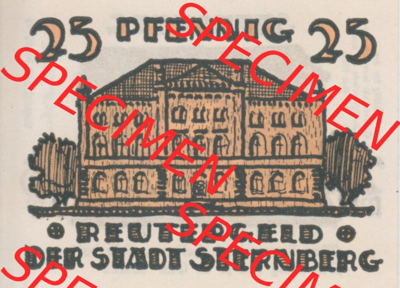 Deutsches Reich Reutergeld Sternberg 25 Pfennig, das Digitale Bild mit der Vorderseite vom hier gezeigten Reutergeld-Notgeld aus Stadt Sternberg steht im online Katalog zum katalogisieren und kategorisieren... Sammlung