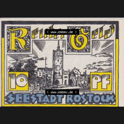 Deutsches Reich Reutergeld Rostock 10 Pfennig, das Digitale Bild mit der Vorderseite vom hier gezeigten Reutergeld-Notgeld aus Seestadt Rostock steht im online Katalog zum katalogisieren und kategorisieren... Sammlung