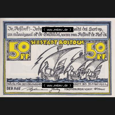 Deutsches Reich Reutergeld Rostock 50 Pfennig, das Digitale Bild mit der Vorderseite vom hier gezeigten Reutergeld-Notgeld aus Seestadt Rostock steht im online Katalog zum katalogisieren und kategorisieren... Sammlung