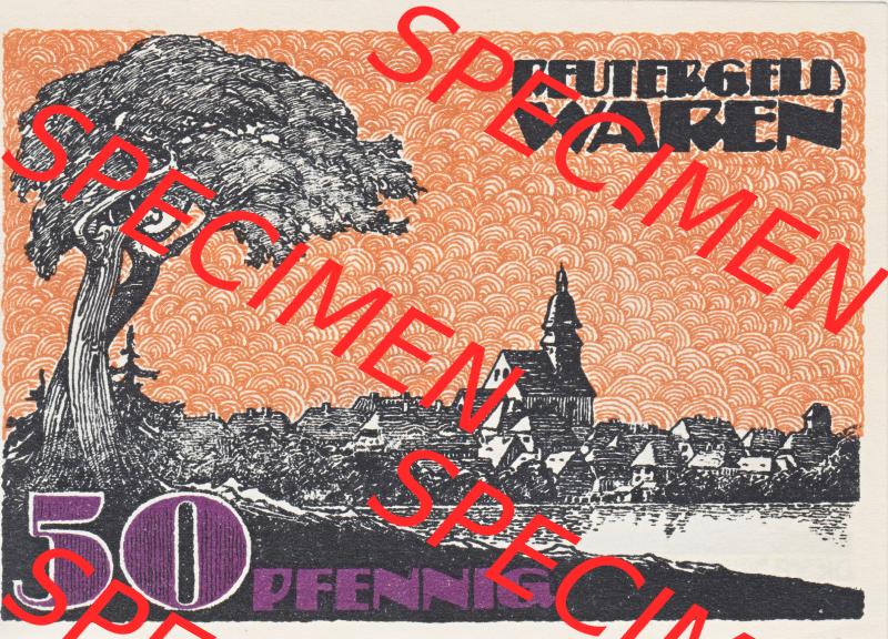 Deutsches Reich Reutergeld Waren 50 Pfennig, das Digitale Bild mit der Vorderseite vom hier gezeigten Reutergeld-Notgeld aus Waren steht im online Katalog zum katalogisieren und kategorisieren der... Sammlung