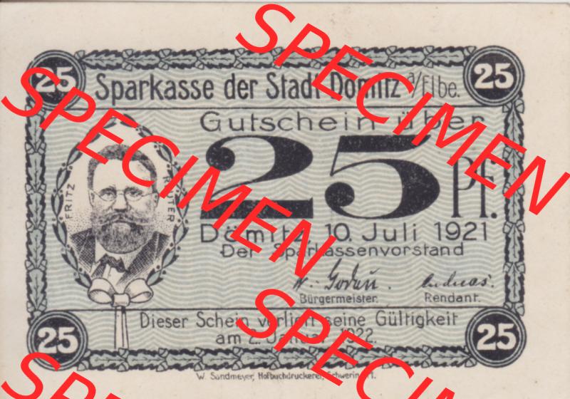 Deutsches Reich Reutergeld Dömitz Fritz Reuter 25 Pfennig, das Digitale Bild mit der Vorderseite vom hier gezeigten Reutergeld-Notgeld aus Dömitz steht im online Katalog zum katalogisieren... Sammlung