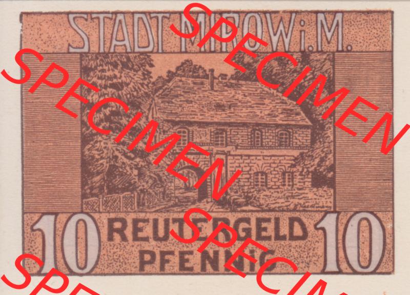 Deutsches Reich Reutergeld Mirow 10 Pfennig, das Digitale Bild mit der Vorderseite vom hier gezeigten Reutergeld-Notgeld aus Stadt Mirow i. M. steht im online Katalog zum katalogisieren... Sammlung