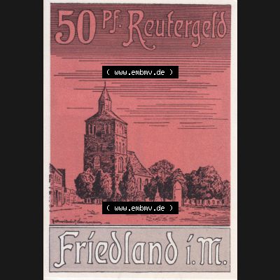 Deutsches Reich Reutergeld Friedland 50 Pfennig, das Digitale Bild mit der Vorderseite vom hier gezeigten Reutergeld-Notgeld aus Friedland steht im online Katalog zum katalogisieren und kategorisieren... Sammlung