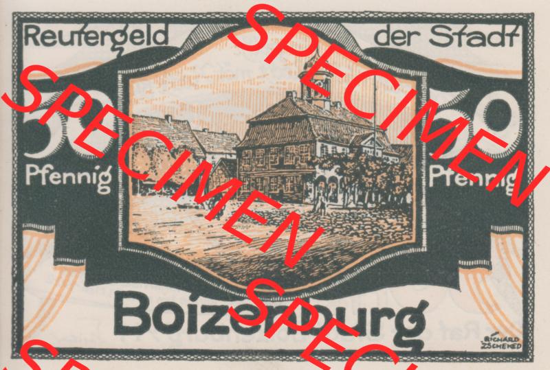 Deutsches Reich Boizenburg 50 Pfennig, das Digitale Bild mit der Vorderseite vom hier gezeigten Reutergeld-Notgeld steht im online Katalog zum katalogisieren und kategorisieren der eigenen Notgeld-Sammlung... Sammlung