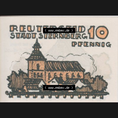 Deutsches Reich Reutergeld Sternberg 10 Pfennig, das Digitale Bild mit der Vorderseite vom hier gezeigten Reutergeld-Notgeld aus Stadt Sternberg steht im online Katalog zum katalogisieren und kategorisieren... Sammlung