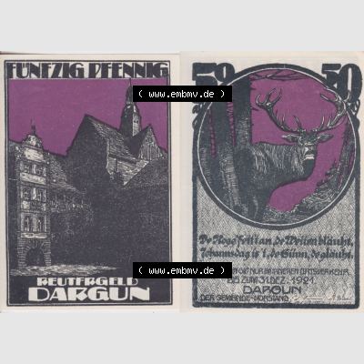 Deutsches Reich Reutergeld Dargun 50 Pfennig, das Digitale Bild mit der Vorderseite und Rückseite (VS+RS) auf einen digitalen Bild vom hier gezeigten Reutergeld-Notgeldschein... Sammlung