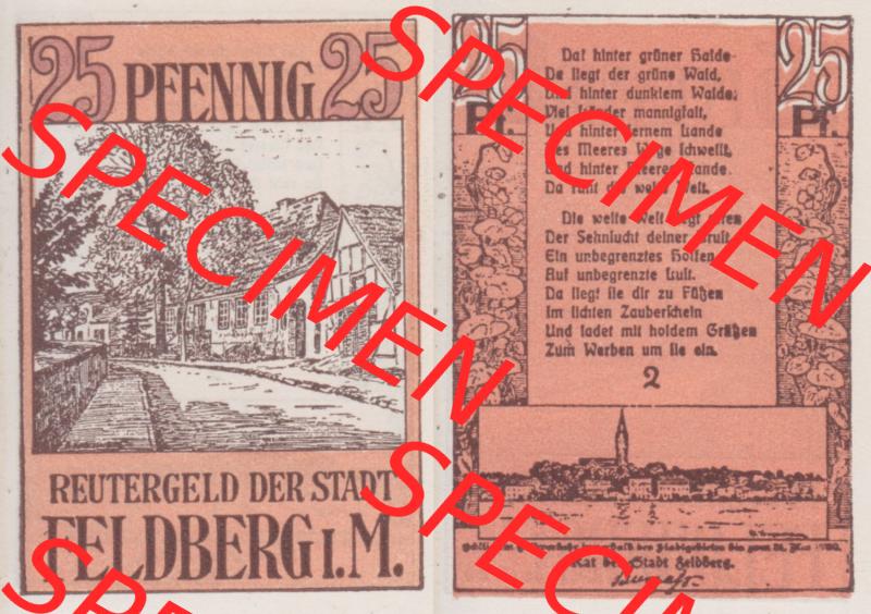 Deutsches Reich Reutergeld Feldberg 25 Pfennig, das Digitale Bild vom Notgeld aus Feldberg mit der Vorderseite und Rückseite (VS+RS) auf einen digitalen Bild vom hier gezeigten... Sammlung