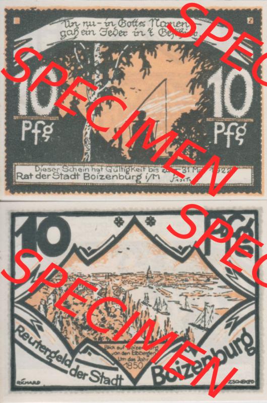Deutsches Reich Reutergeld Boizenburg 10 Pfennig, das Digitale Bild mit der Vorderseite und Rückseite (VS+RS) auf einen digitalen Bild vom hier gezeigten Reutergeld-Notgeldschein... Sammlung
