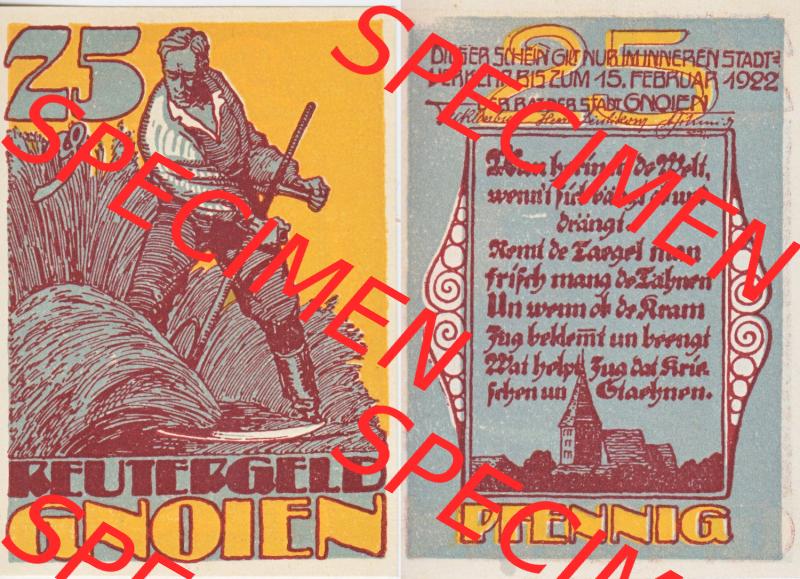 Deutsches Reich Reutergeld Gnoien 25 Pfennig, das Digitale Bild vom Notgeld aus Gnoien mit der Vorderseite und Rückseite (VS+RS) auf einen digitalen Bild vom hier gezeigten Reutergeld-Notgeldschein... Sammlung