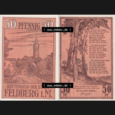 Deutsches Reich Reutergeld Feldberg 50 Pfennig, das Digitale Bild vom Notgeld aus Feldberg mit der Vorderseite und Rückseite (VS+RS) auf einen digitalen Bild vom hier gezeigten... Sammlung