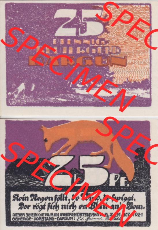 Deutsches Reich Reutergeld Dargun 25 Pfennig, das Digitale Bild mit der Vorderseite und Rückseite (VS+RS) auf einen digitalen Bild vom hier gezeigten Reutergeld-Notgeldschein... Sammlung