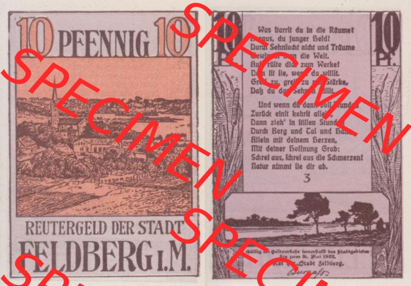 Deutsches Reich Reutergeld Feldberg 10 Pfennig, das Digitale Bild vom Notgeld aus Feldberg mit der Vorderseite und Rückseite (VS+RS) auf einen digitalen Bild vom hier gezeigten... Sammlung