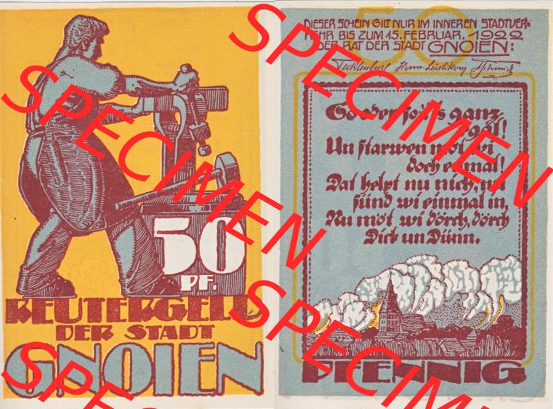 Deutsches Reich Reutergeld Gnoien 50 Pfennig, das Digitale Bild vom Notgeld aus Gnoien mit der Vorderseite und Rückseite (VS+RS) auf einen digitalen Bild vom hier gezeigten Reutergeld-Notgeldschein... Sammlung