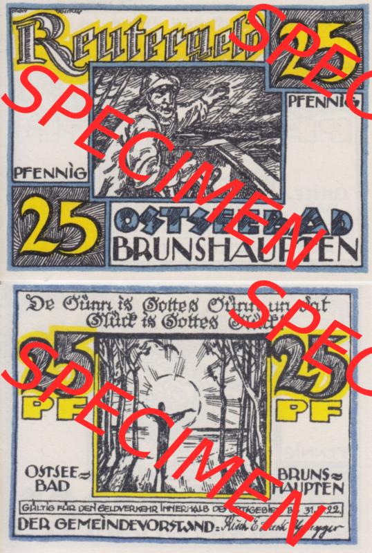 Deutsches Reich Reutergeld Brunshaupten 25 Pfennig, das Digitale Bild mit der Vorderseite und Rückseite (VS+RS) auf einen digitalen Bild vom hier gezeigten Reutergeld-Notgeldschein... Sammlung