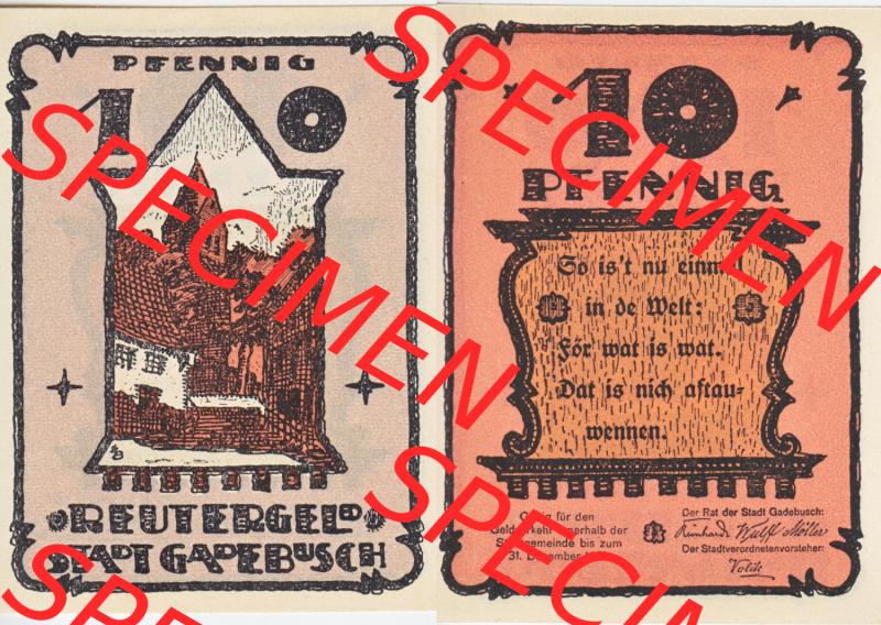 Deutsches Reich Reutergeld Gadebusch 10 Pfennig, das Digitale Bild vom Notgeld aus Gadebusch mit der Vorderseite und Rückseite (VS+RS) auf einen digitalen Bild vom hier gezeigten... Sammlung