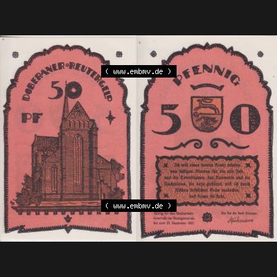 Deutsches Reich Reutergeld Bad Doberan 50 Pfennig, das Digitale Bild mit der Vorderseite und Rückseite (VS+RS) auf einen digitalen Bild vom hier gezeigten Reutergeld-Notgeldschein... Sammlung