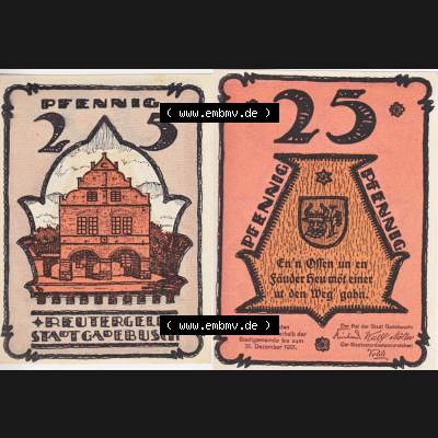Deutsches Reich Reutergeld Gadebusch 25 Pfennig, das Digitale Bild vom Notgeld aus Gadebusch mit der Vorderseite und Rückseite (VS+RS) auf einen digitalen Bild vom hier gezeigten... Sammlung
