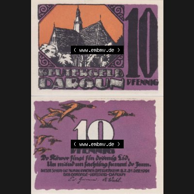 Deutsches Reich Reutergeld Dargun 10 Pfennig, das Digitale Bild mit der Vorderseite und Rückseite (VS+RS) auf einen digitalen Bild vom hier gezeigten Reutergeld-Notgeldschein... Sammlung
