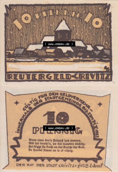 Deutsches Reich Reutergeld Crivitz 10 Pfennig, das Digitale Bild mit der Vorderseite und Rückseite (VS+RS) auf einen digitalen... Sammlung