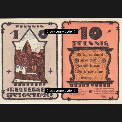 Deutsches Reich Reutergeld Gadebusch 10 Pfennig, das Digitale Bild vom Notgeld aus Gadebusch mit der Vorderseite und Rückseite (VS+RS) auf einen digitalen Bild vom hier gezeigten... Sammlung