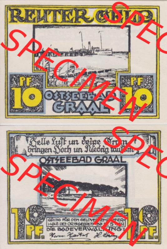 Deutsches Reich Reutergeld Graal 10 Pfennig, das Digitale Bild vom Notgeld aus Graal mit der Vorderseite und Rückseite (VS+RS) auf einen digitalen Bild vom hier gezeigten Reutergeld-Notgeldschein... Sammlung