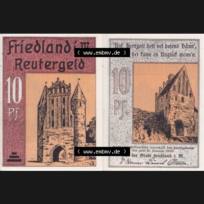 Deutsches Reich Reutergeld Friedland 10 Pfennig, das Digitale Bild vom Notgeld aus Friedland mit der Vorderseite und Rückseite (VS+RS) auf einen digitalen Bild vom hier gezeigten... Sammlung