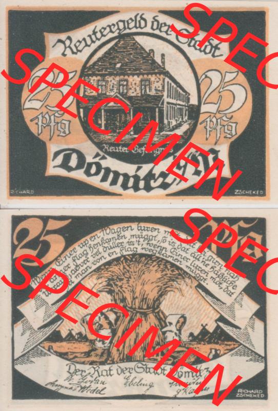 Deutsches Reich Reutergeld Dömitz 25 Pfennig, das Digitale Bild vom Notgeld aus Dömitz mit der Vorderseite und Rückseite (VS+RS) auf einen digitalen Bild vom hier gezeigten... Sammlung