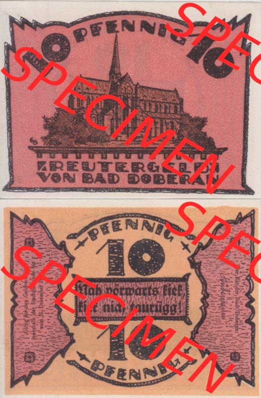 Deutsches Reich Reutergeld Bad Doberan 10 Pfennig, das Digitale Bild mit der Vorderseite und Rückseite (VS+RS) auf einen digitalen Bild vom hier gezeigten Reutergeld-Notgeldschein... Sammlung