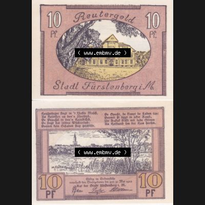 Deutsches Reich Reutergeld Fürstenberg 10 Pfennig, das Digitale Bild vom Notgeld aus Fürstenberg mit der Vorderseite und Rückseite (VS+RS) auf einen digitalen Bild vom... Sammlung