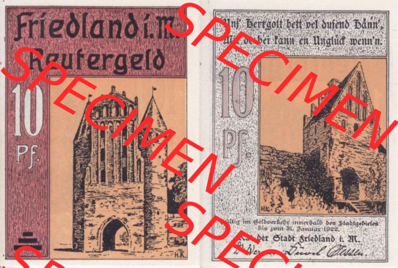 Deutsches Reich Reutergeld Friedland 10 Pfennig, das Digitale Bild vom Notgeld aus Friedland mit der Vorderseite und Rückseite (VS+RS) auf einen digitalen Bild vom hier gezeigten... Sammlung