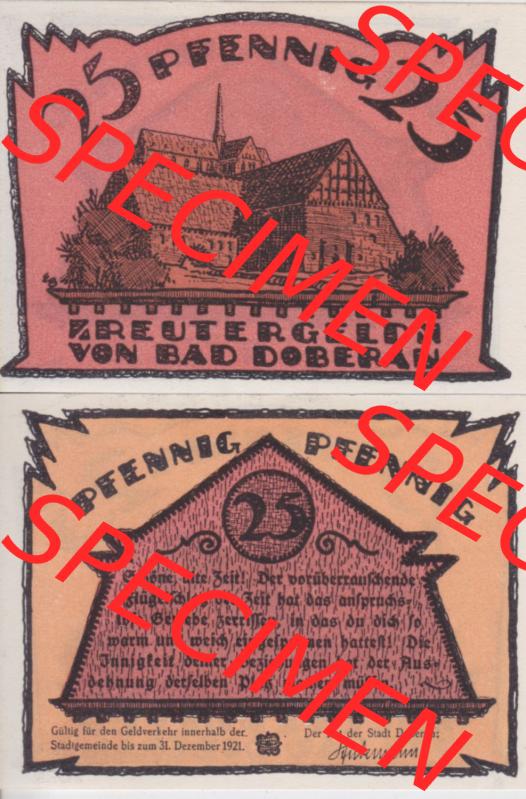 Deutsches Reich Reutergeld Bad Doberan 25 Pfennig, das Digitale Bild mit der Vorderseite und Rückseite (VS+RS) auf einen digitalen Bild vom hier gezeigten Reutergeld-Notgeldschein... Sammlung