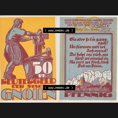 Deutsches Reich Reutergeld Gnoien 50 Pfennig, das Digitale Bild vom Notgeld aus Gnoien mit der Vorderseite und Rückseite (VS+RS) auf einen digitalen Bild vom hier gezeigten Reutergeld-Notgeldschein... Sammlung