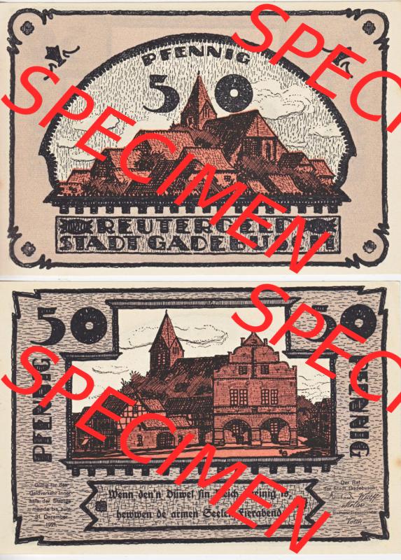 Deutsches Reich Reutergeld Gadebusch 50 Pfennig, das Digitale Bild vom Notgeld aus Gadebusch mit der Vorderseite und Rückseite (VS+RS) auf einen digitalen Bild vom hier gezeigten... Sammlung